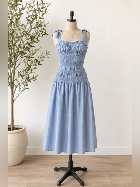 Moon River Dresses & Skirts - Moon River Anthropologie Shirred Midi Dress Blue Ribbon Tie Straps Ruffle Large